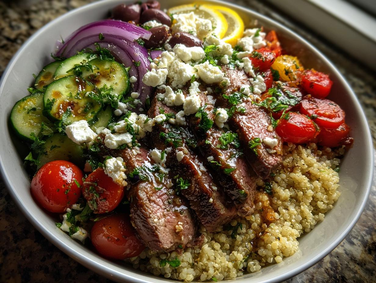 Mediterranean Steak Bowl with Quinoa and Feta
